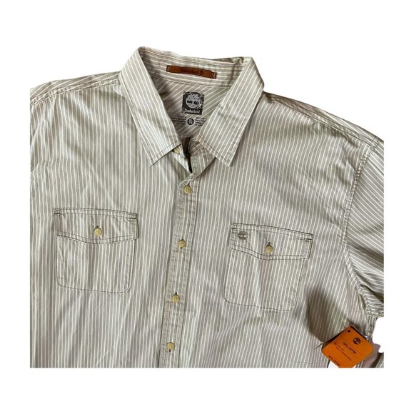 Timberland Men's NWT Button Down Striped Long Sleeve Shirt Beige and White XL - Picture 3 of 7